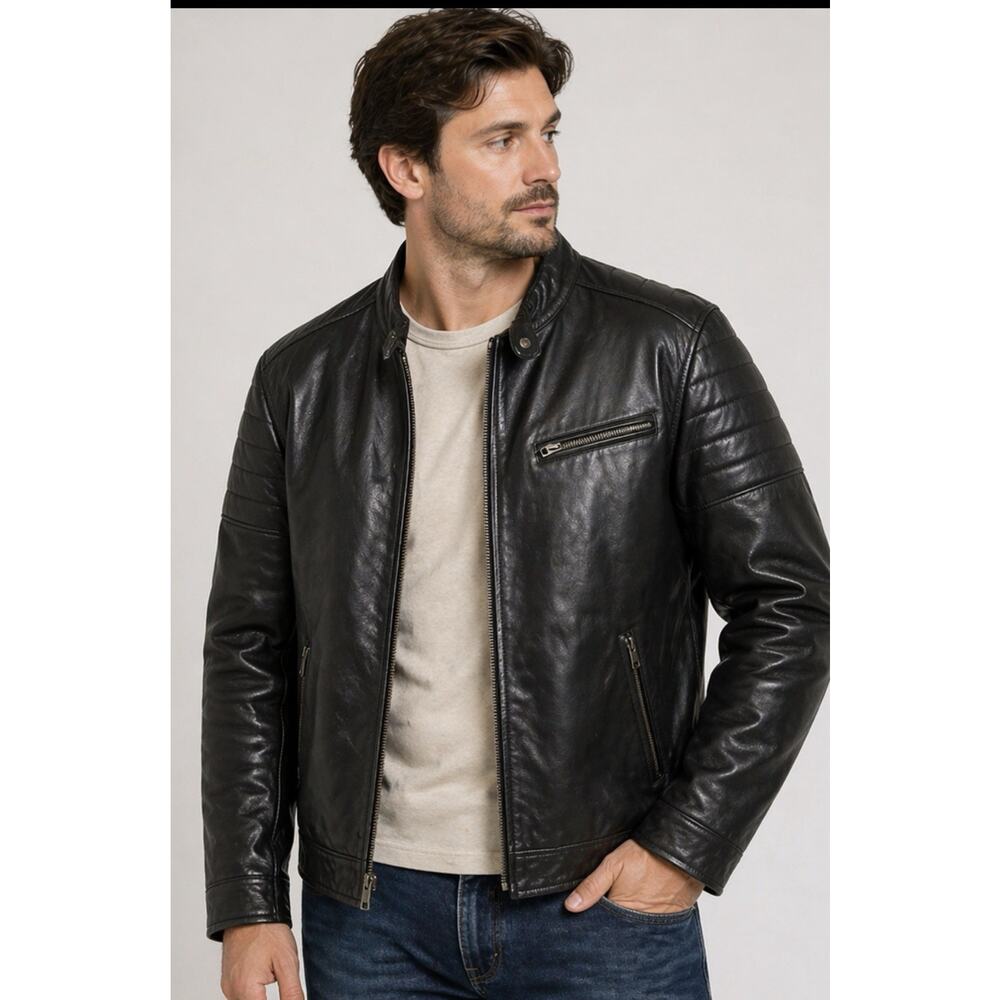 Red Camel Leather Jacket Black Full Zip Bomber Mens L Biker Vintage